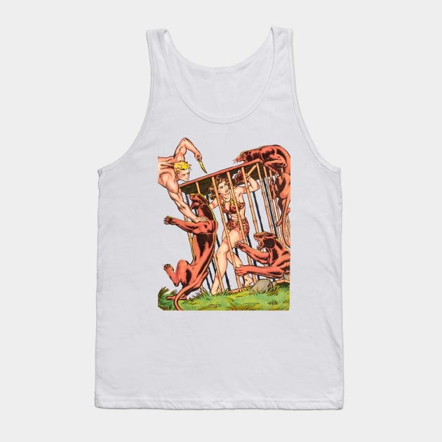 pin up girl trapped in a cage surrounded by wild jungle panthers retro vintage comic book pulp Tank Top by REVISTANGO